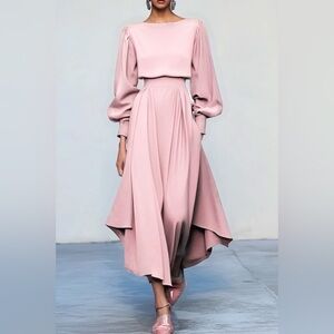 FEHAUTE Asymmetric Boat Neck Long Balloon Sleeve MIDI Dress Pink Sz 8 NWT